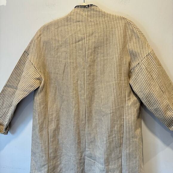 NWOT Zara Beige Linen Striped Fringe Trim Hem Midi Duster Wrap Coat Cardigan - Picture 10 of 16